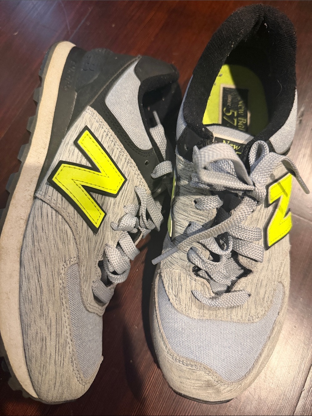 New Balance 574 Gray Sneakers with Neon Yellow 'N' Accents, Sz 8.5
